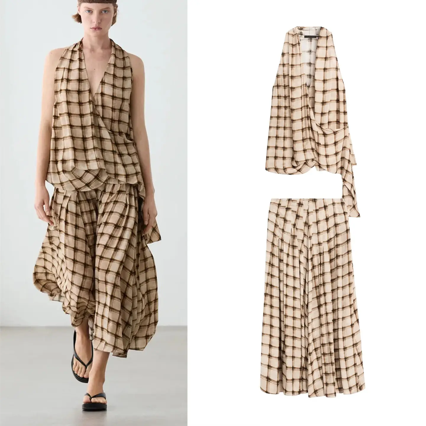 Casual Long Midi Skirt with Plaid Print Crossed Belt Sleeveless Top Women's Summer Fashion Set Two-Piece Ensemble