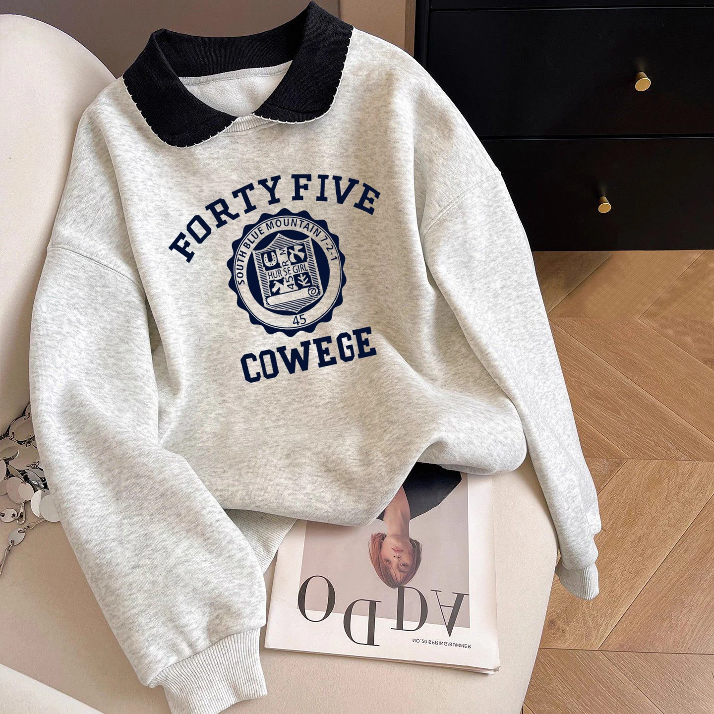 

Retro round Neck Letter Print Collar Sweatshirt Women's Spring Autumn Korean Style College Casual Ageless Versatile Top