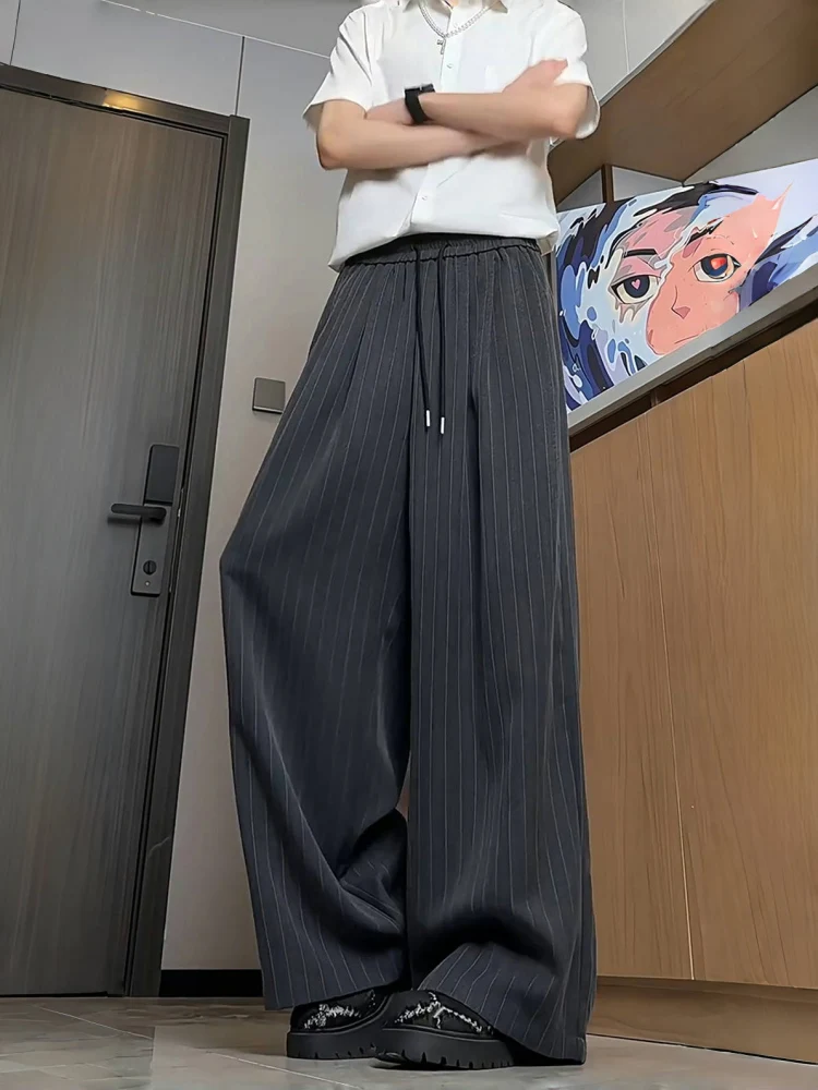 

American Retro Striped Casual Men's Summer Oversize Wide Leg Sambon Straight Tube Ice Silk Pants Breathable Loose Fit Youthful