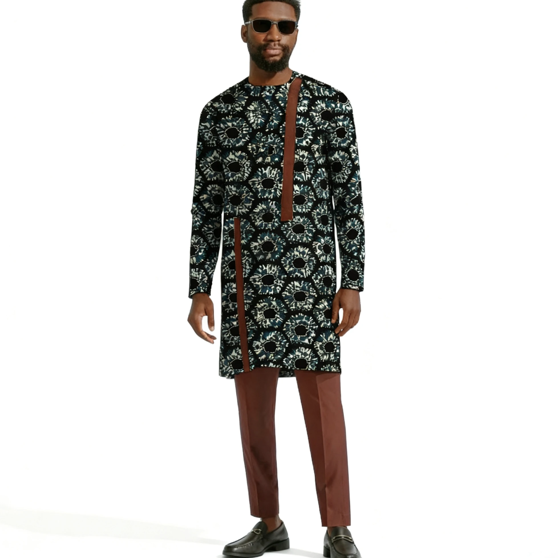 

Африканская мода от кутюр для мужчин, лоскутный топ с длинными рукавами и принтом Дашики, комплект с коричневыми брюками, этнический наряд, повседневная и праздничная одежда