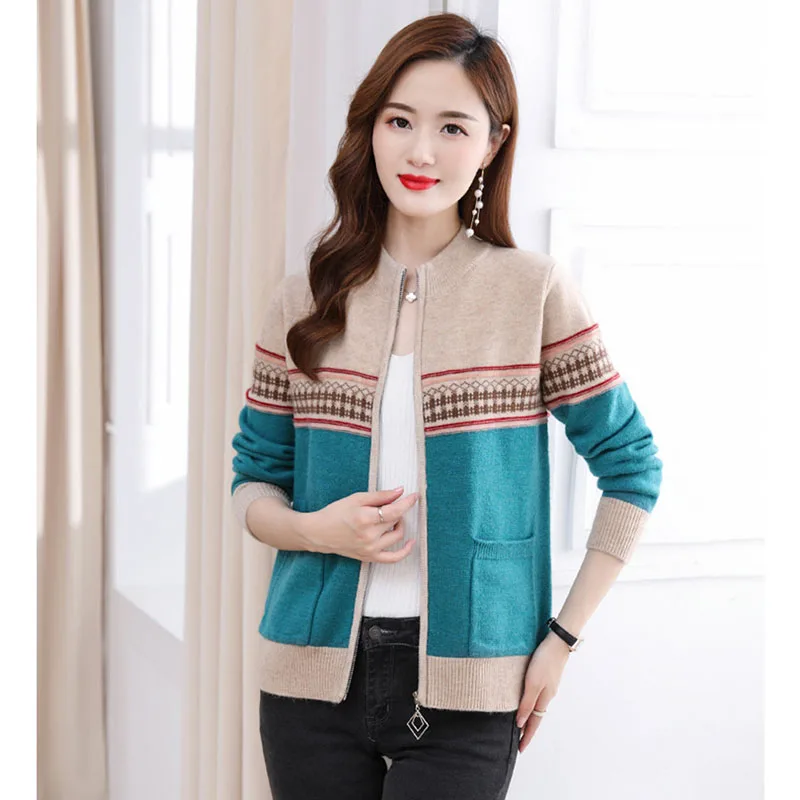 Women’s Zip‑Up Knit Cardigan Retro Geometric Jacquard Color‑Block Sweater Jacket with Pockets knitted Coats