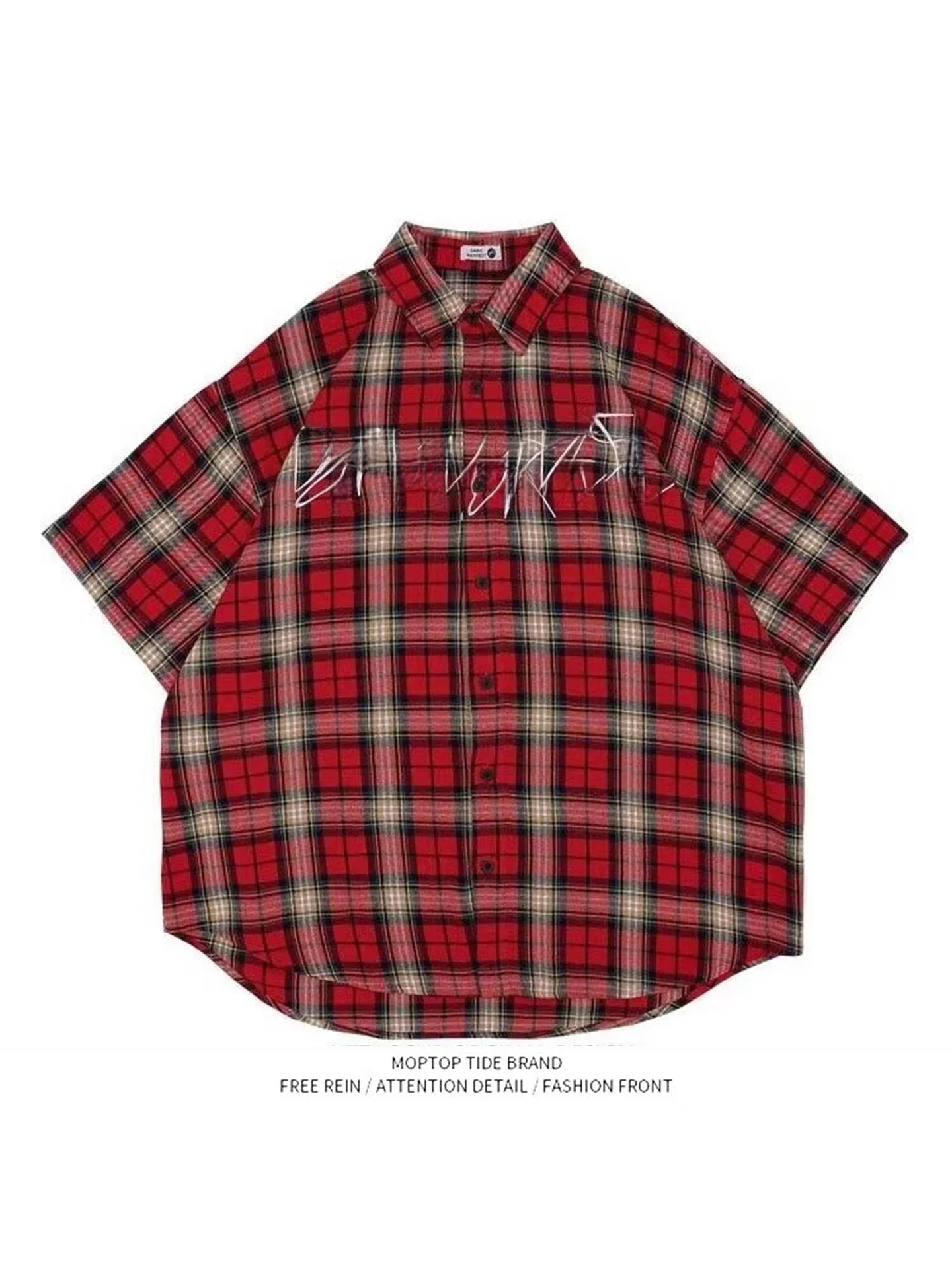 

Retro American Red Embroidered Plaid Short Sleeve Spring Summer Couple's Shirt Hip Hop High Street Blouse Jacket for Youth