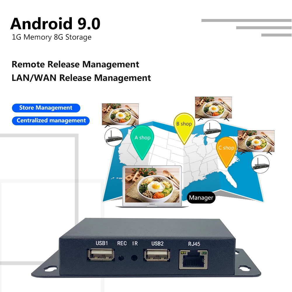 Caja de publicidad, reproductor de señalización, menú de restaurantes, cartelera, Android 9,0, Terminal de liberación de información, Software de