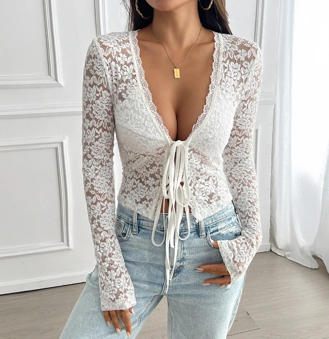 

Sexy Elegant Y2K Lace Hollowed Out V-Neck Cardigan Lace Up Long Sleeved Top 2025 Autumn New Fashion Casual T-Shirt Pullover Tops