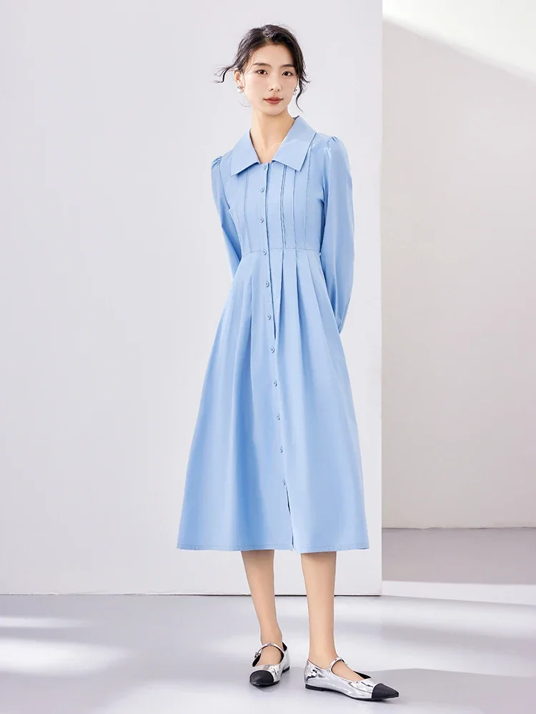 Vimly Cotton 100% Women\'s Blue Button Up Shirt Dresses 2023 Autumn Fashion A-line Lapel Long Sleeve Elegant Midi Dress M2917