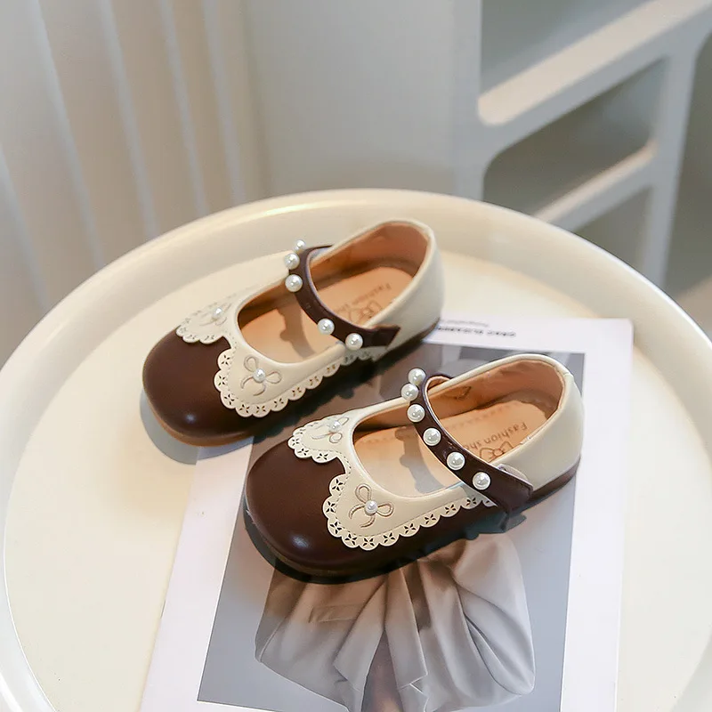 Children's Leather Shoes 2024 Fasion Korean Style Girls'  Elegant Temperament Simple Pearl Bow Princess Shoes Versatile No-Slip