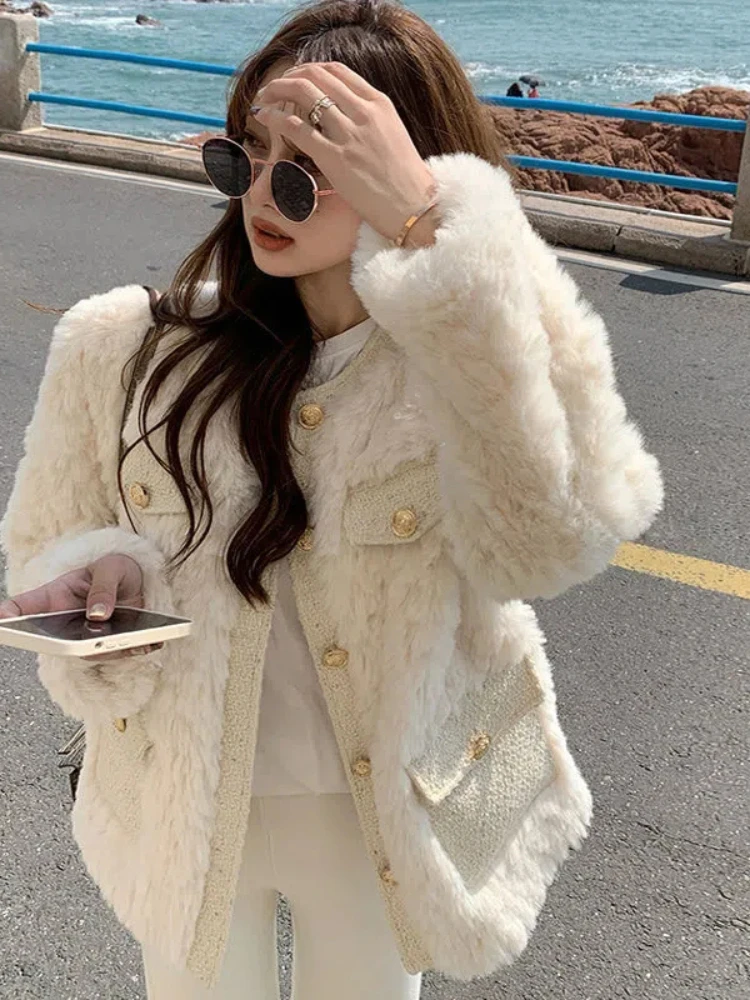 

Korean Fashion Lamb Wool Coats Women Streetwear O-Neck Faux Fur Jackets Woman 2023 Autumn Winter Thick Warm Plush Coat