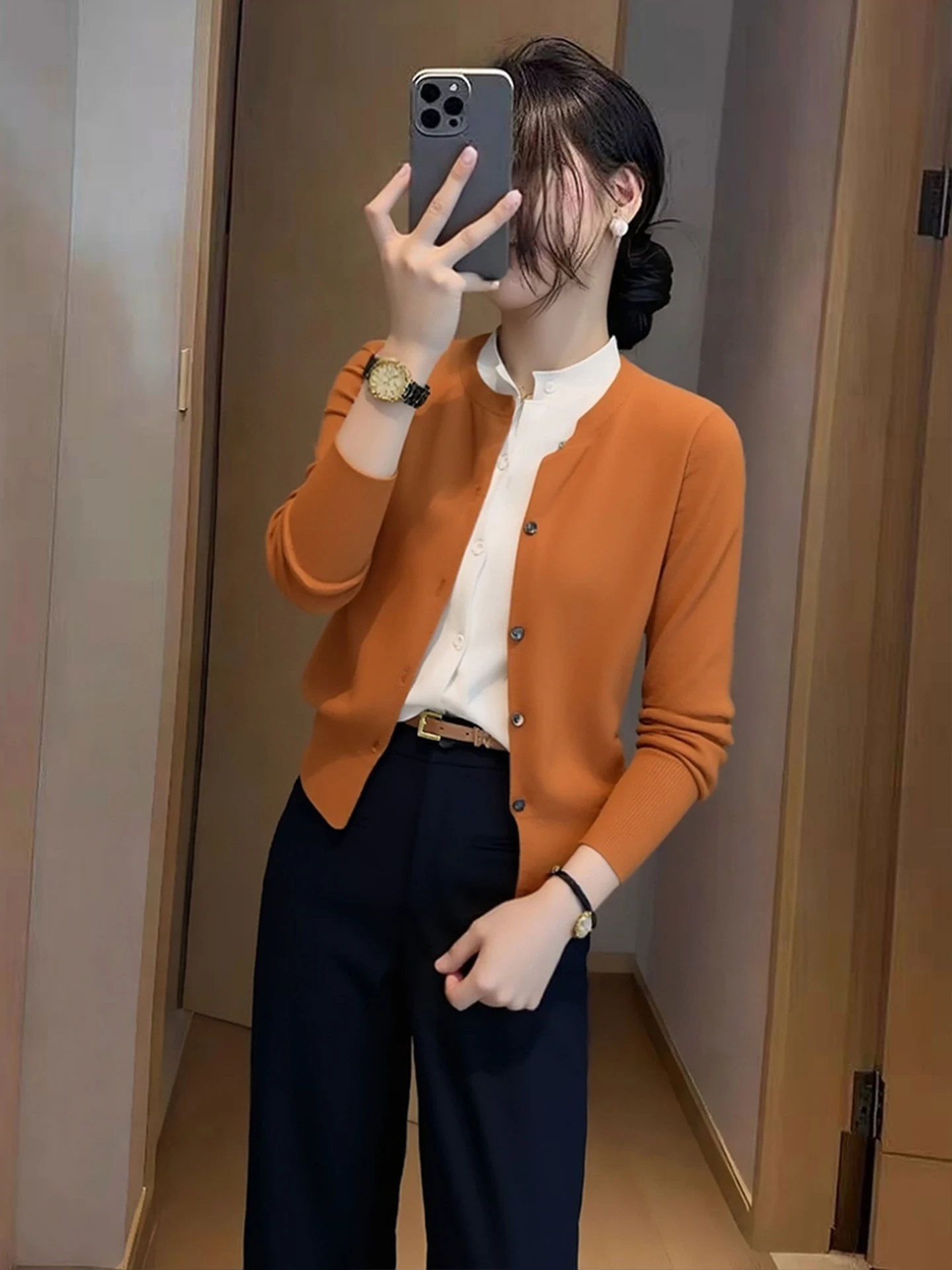 عارضة فضفاضة المرأة محبوك قبعة قطعتين اللون بلو سترة الخريف تخفيف Sle طويلة Sve جولة Ne المفتوحة سترة #2