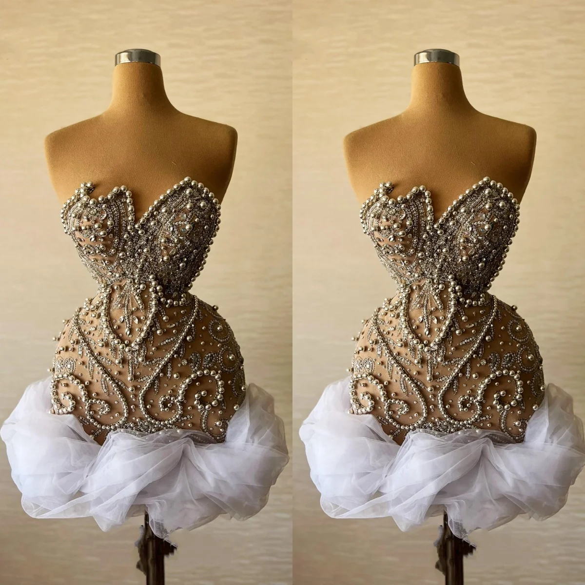 كامل الديكور كريستال البسيطة حفلة موسيقية فستان كوكتيل حمالة عارية الذراعين قصيرة راقصة الباليه تنورة الثقيلة اليدوية كوتور مساء صغير #1