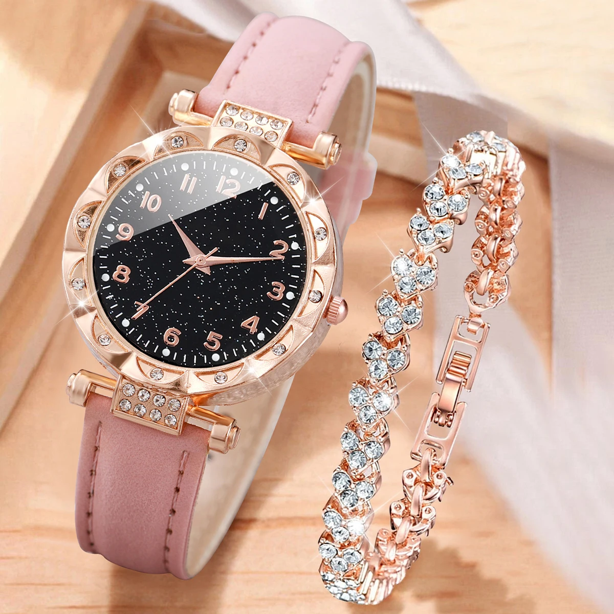 2PCS/Set Fashion Women\'s Watch Leather Band Analog Quartz Watches Rhinestone Heart Bracelet Set