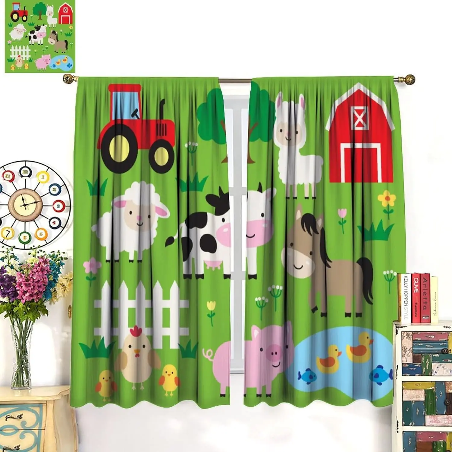 Farm Animals Curtains for Kids Bedroom,Cartoon Cute Ranch Farmhouse Barn Cow Horse Pig Chicken Print Window Treatments for Girls