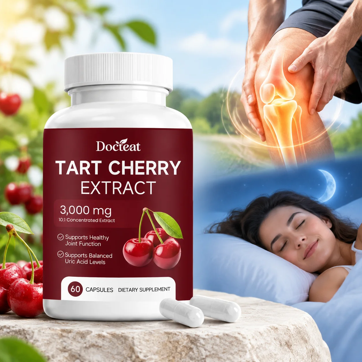 Tart Cherry Capsules Promate Uric Acid Balance Joint Health Sleep Restful & Antioxidant Defense 60 Capsules for Joint Pain