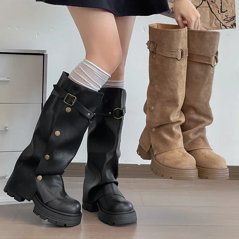 Winter Women Platform Knee High Boots Buckle Strap Metal Button Decor Shoes Thick Sole Vintage Western Style Long Botas