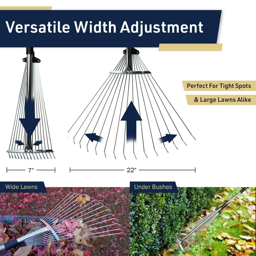 مشط أوراق الشجر قابل للتعديل للحديقة للعمل في المناطق الضيقة مقبض تصغير يمتد إلى 5 أقدام ومتعدد الاستخدامات وخفيف الوزن