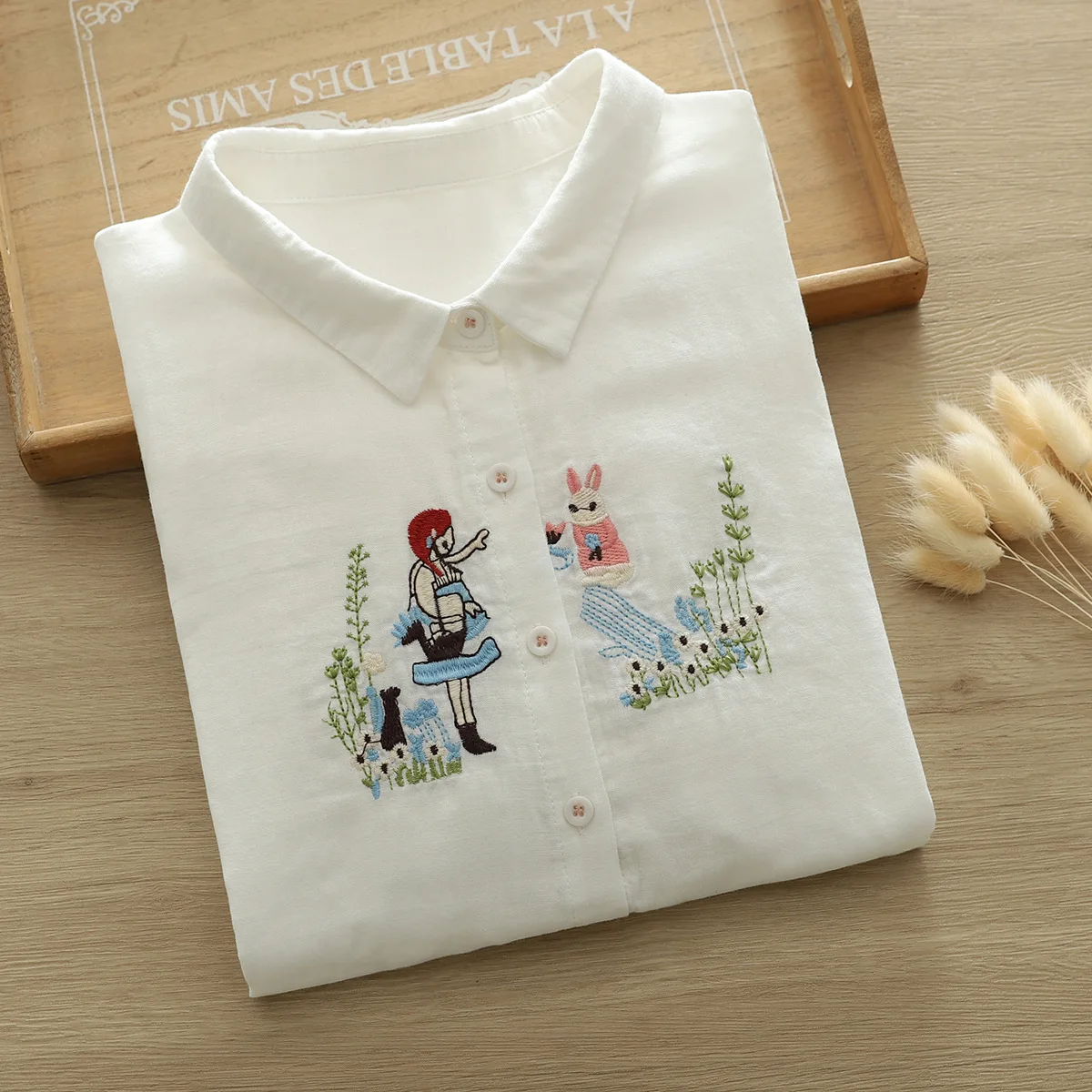 Women\'s blouses trend 2024 loose cotton yarn white cartoon girl embroider shirts and blouses Japan style 3/4 sleeves top