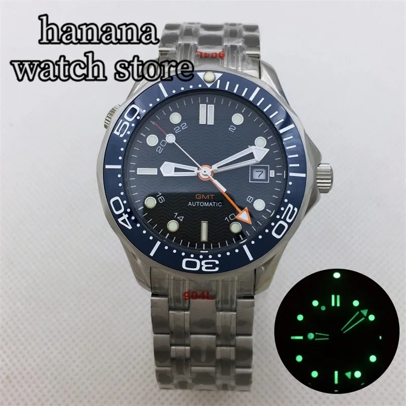 

41mm NH34 GMT Automatic Watch For Men Blue Sterile Dial Luminous Index Sapphire glass Ceramic Bezel Auto Date Stainless Strap