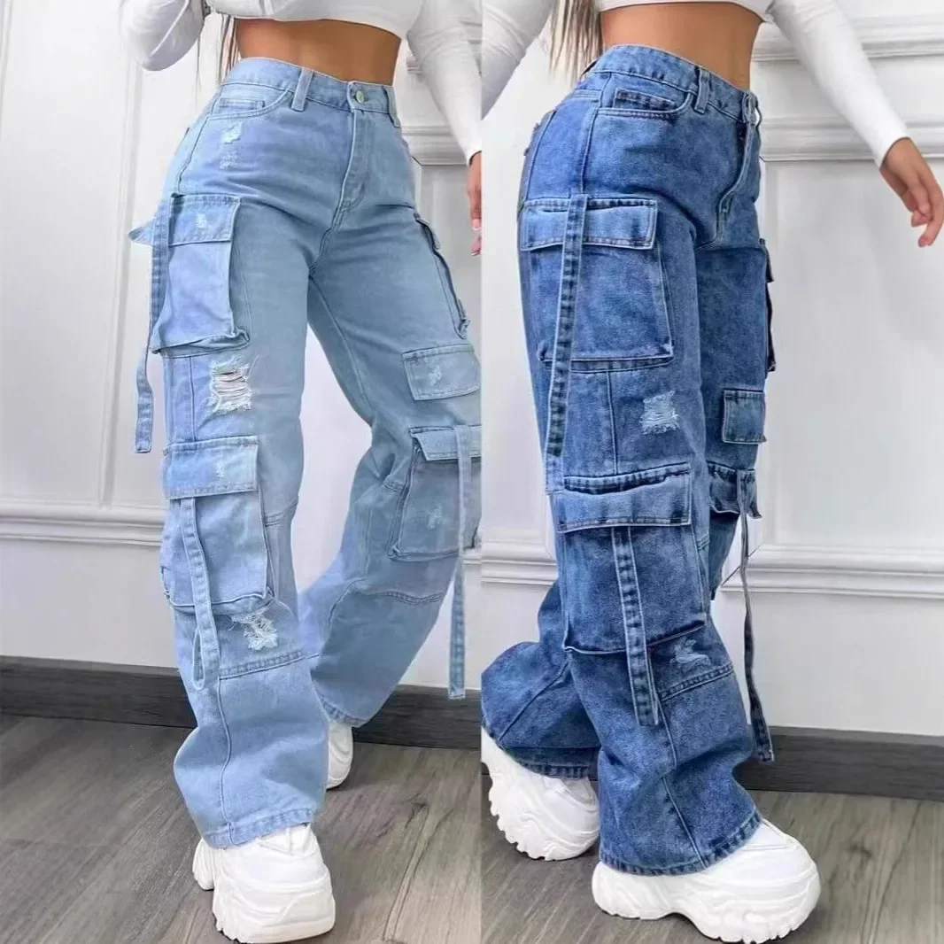 New 2025 Fashion Pure Color Casual Workwear Denim High Waist Multi Pocket Loose Fit Women's Jeans Versatile plus Size