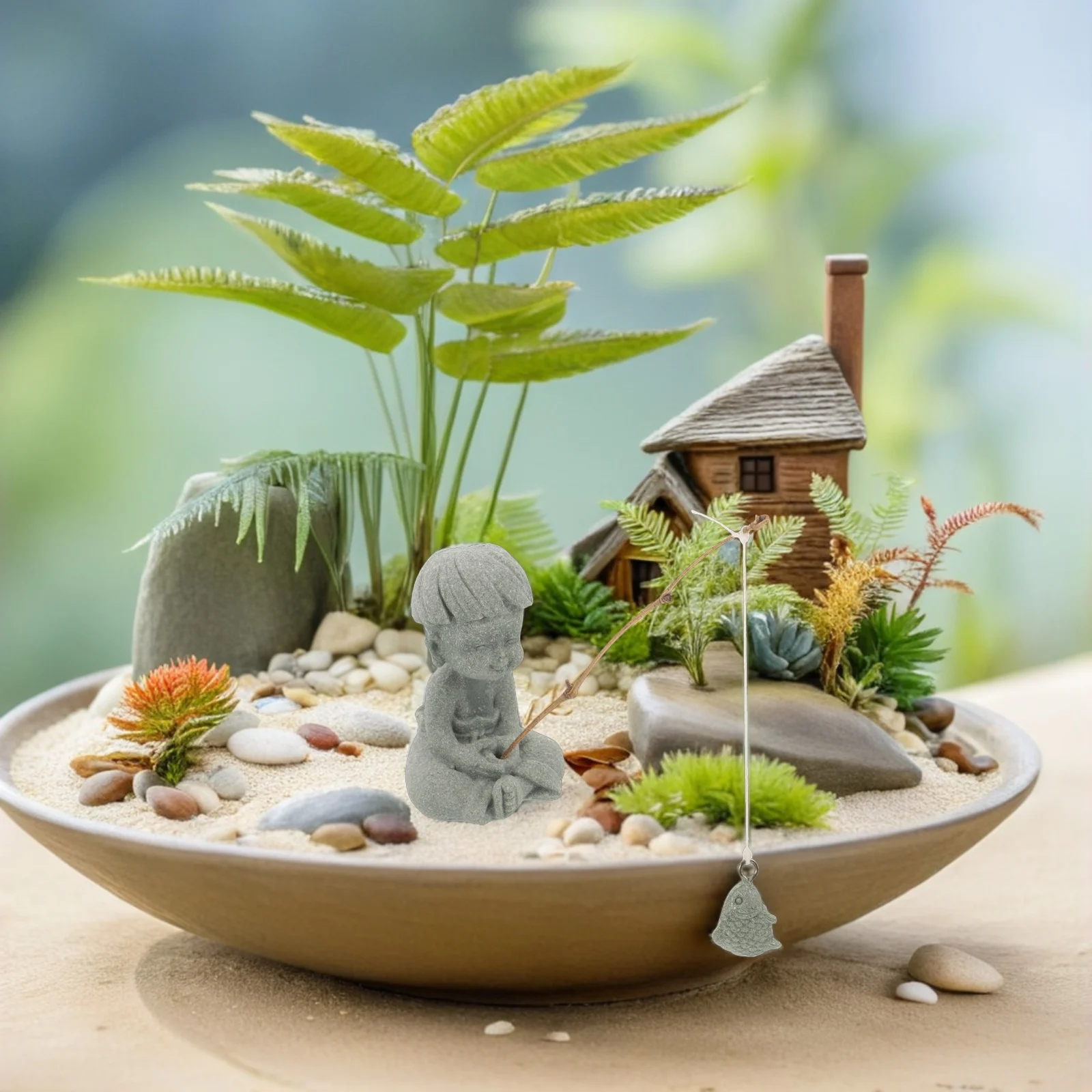 2Pcs Lifelike Miniature Fisherman Figurines Fishing Statue Aquarium Decor Desktop Bonsai Terrarium Ornament