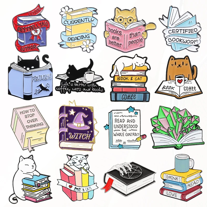 Coffee Cup Black Cat Reading Books Cartoon Badges Punk Clothing Lapel Brooch Jewelry Gift New Cute Books Enamel Pin Dog Flowers