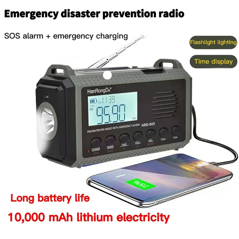 

Hanrongda 1 шт. Hrd-905 FM многодиапазонное радио портативное зарядное устройство с поддержкой солнечной зарядки освещения портативное радио Sos сигнализация A-