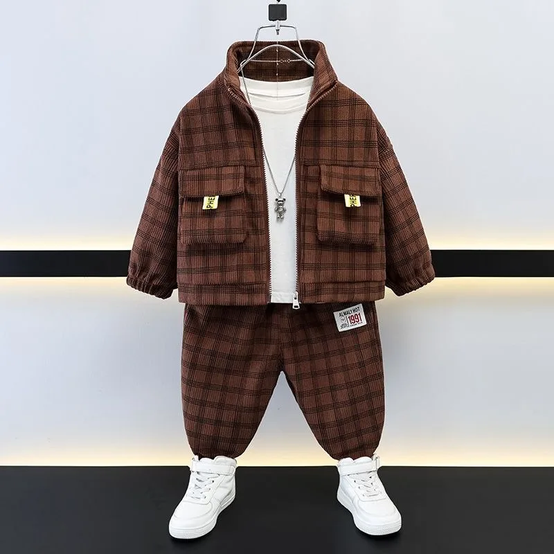 

Boys' Autumn and Winter Suit 2025 New Children's Handsome Fleece Thickened Two-piece Set Spring Baby Plaid Clothing