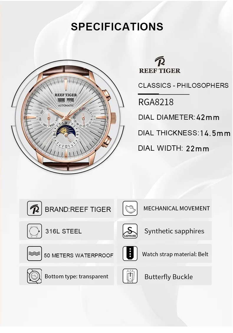 Reef Tiger orologio automatico da uomo 42mm orologio da polso meccanico di lusso 50M impermeabile luminoso Multi quadrante anno, mese, settimana,