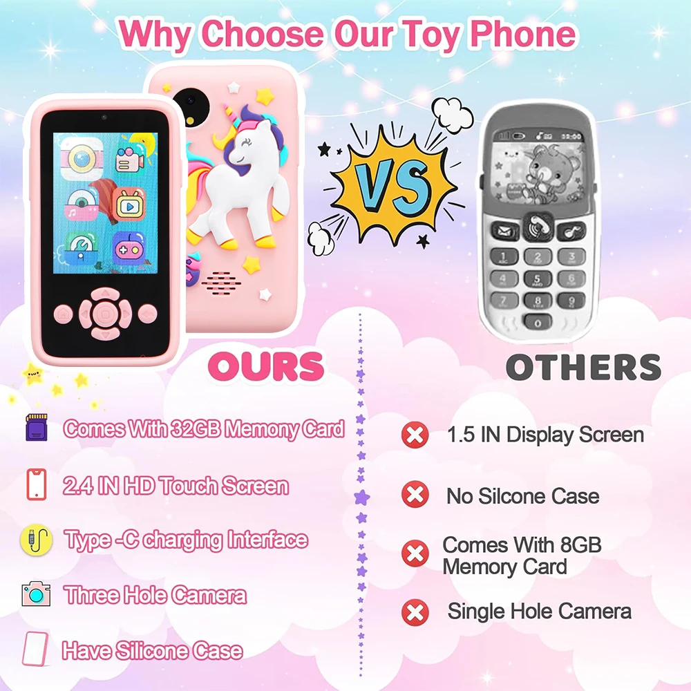 Téléphone et appareil photo pour enfants, jouets pour filles et garçons âgés de 3 à 10 ans, jeux de puzzle, Tooddler, lecteur de musique, réglemente 3, cadeaux d'anniversaire avec 32 Go