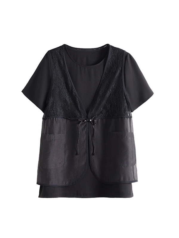 

Retro Lace Vest Top + ort Sve Chiffon T-irt Two-Piece Set Summer New Sle plus Size Women's Top Two-Piece Set