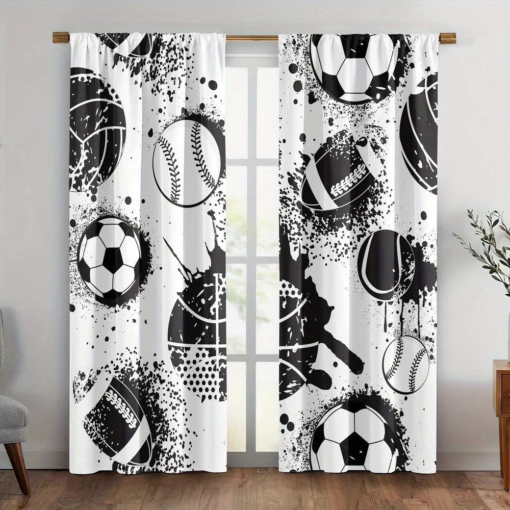 

Two-piece soccer and basketball patterned curtains - machine washable polyester, suitable for bedrooms and living rooms.