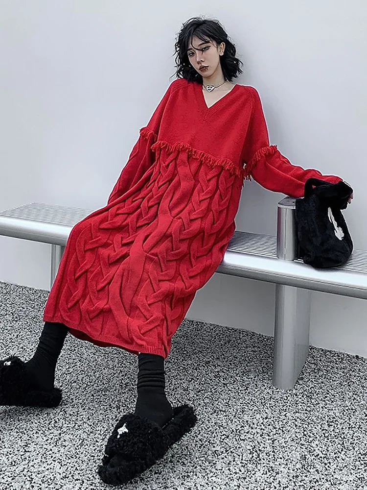 2023 Autumn Winter New Fashion V-neck Dresses Sweater Batwing Sleeve Knitted Loose Comfort Feminine Solid Color Pullover Dresses