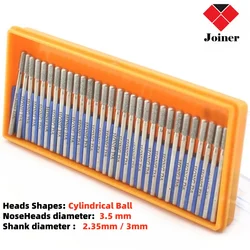 30Pcs Diamond Grinding Head Cylindrical Ball Nose 1.5-3.5mm Engraving Bits Bur Coated Carving Burrs Shank 3/32
