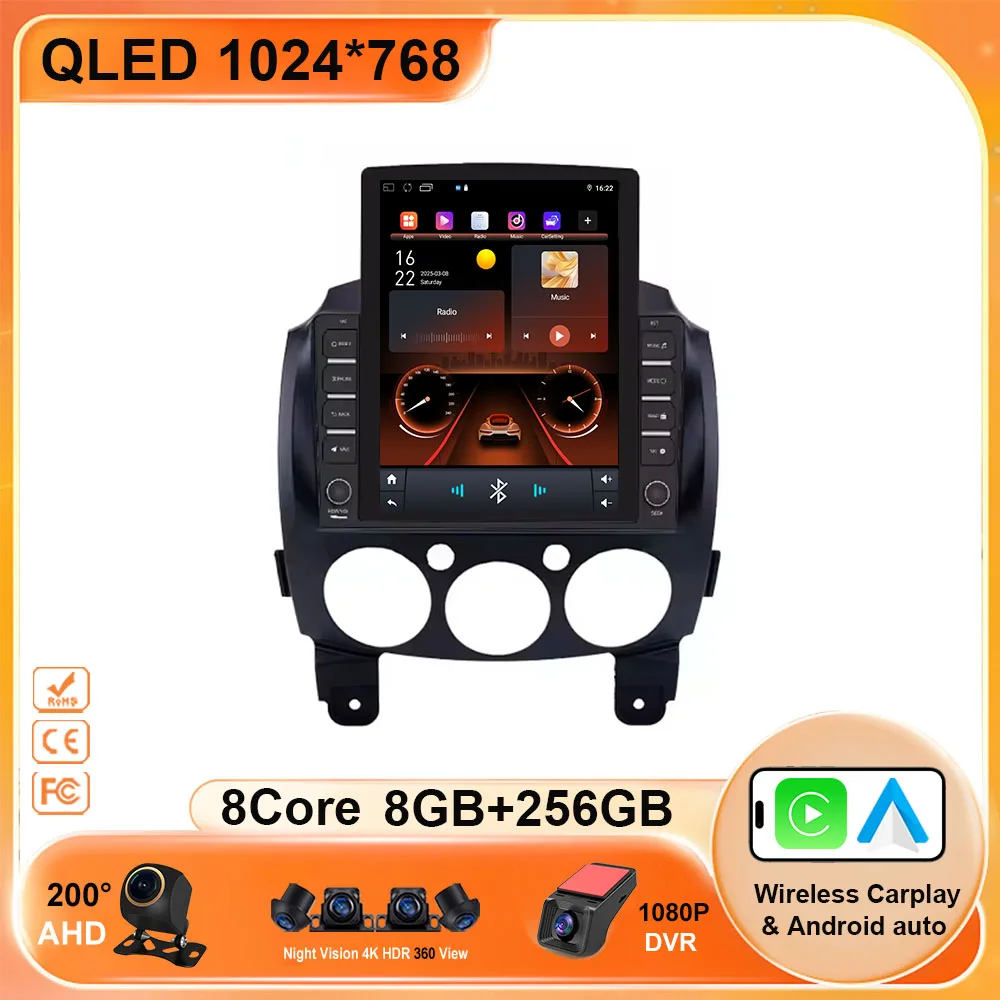 9.7 Android For Mazda 2 2007-2014 Multimedia Video Player WIFI GPS Navigation Carplay DVD Head Unit 2 Din Android 15 Car Radio