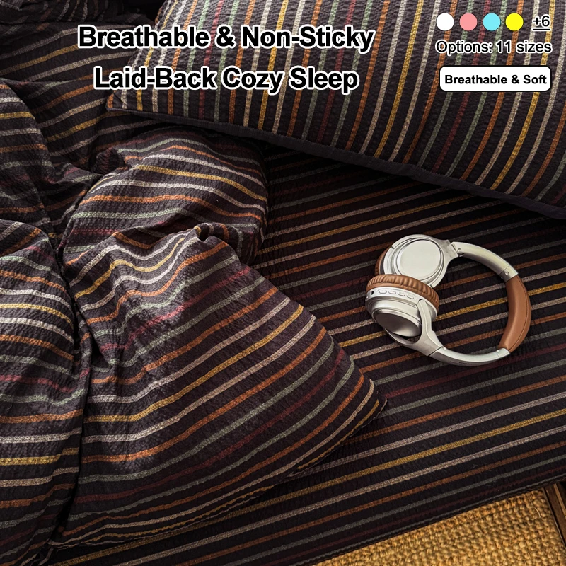 Vintage Striped Seersucker Bedding Set, Crinkled Texture Breathable Non-Sticky Duvet Cover Set Flat Sheet with 2 Pillowcases