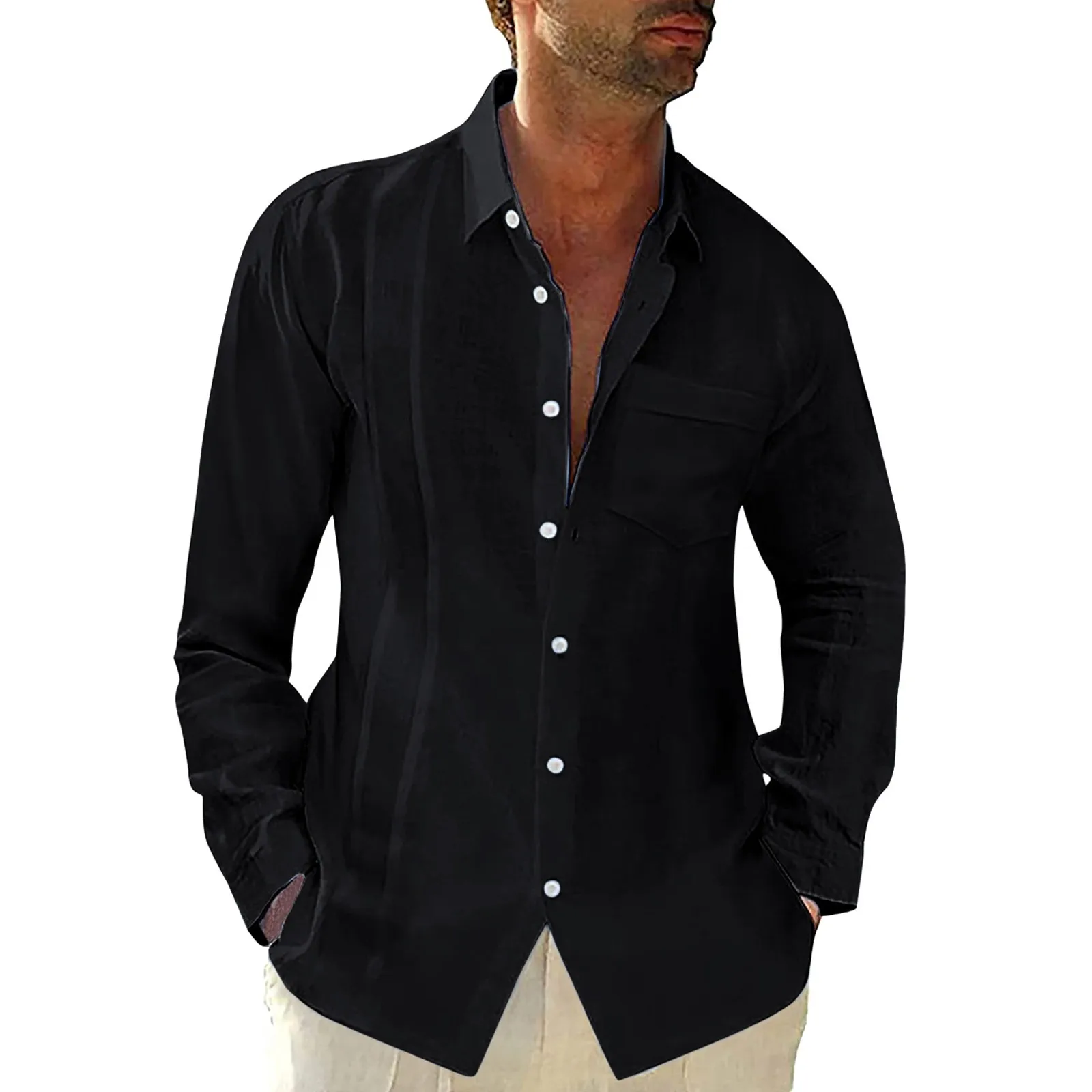 Long Button Solid Tops Collar Pocket Men\'s Casual Turn-Down Hem Shirt Sleeve Men Shirts Button down Shirt Dress