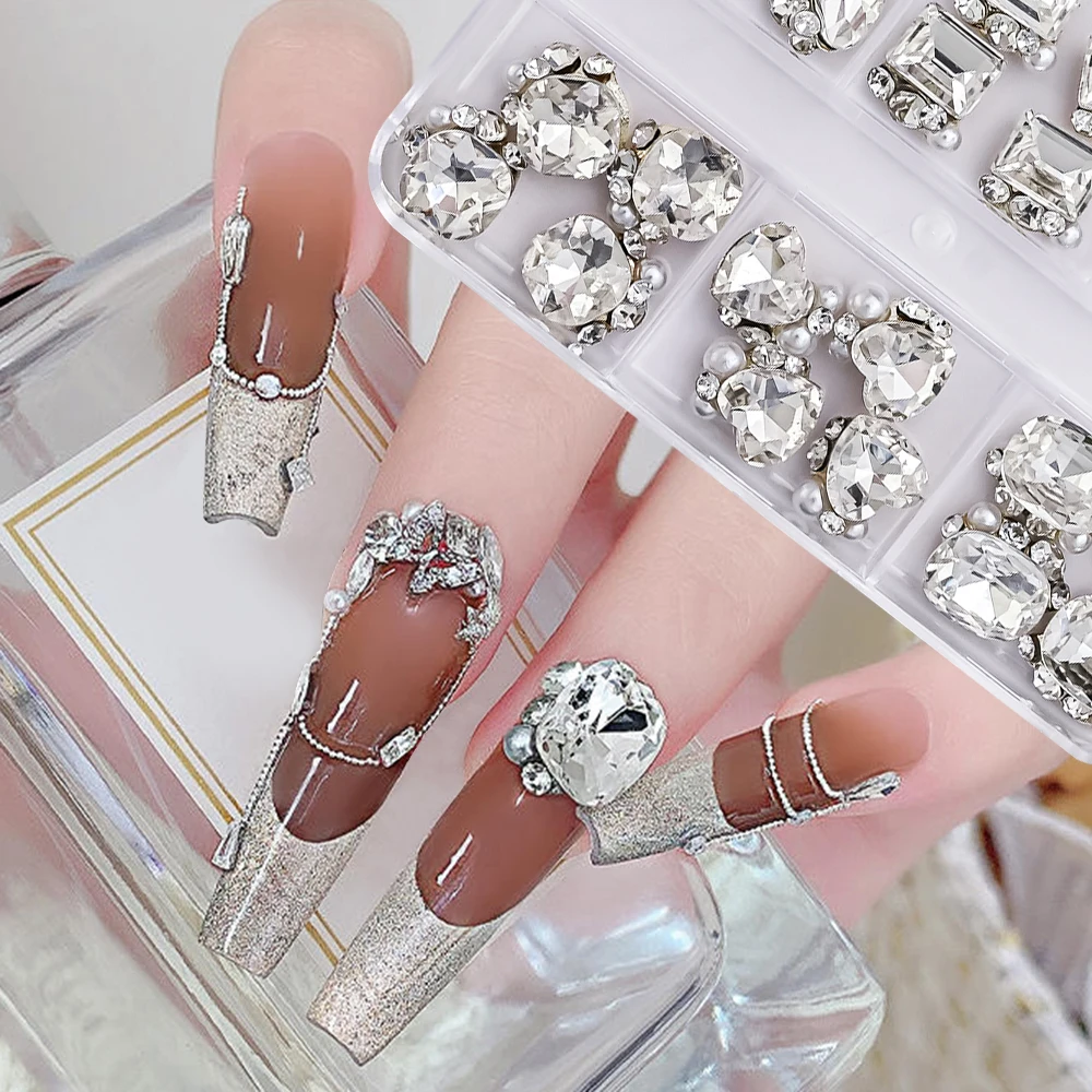 24Pcs Luxury Ice-Transparent Pile Nail Art Rhinestone Super-Shinying Heart/Square/Oval Clear Nail Crystal DIY Alloy Pile Drill