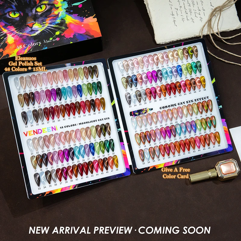 

VENDEEN Набор из 48 цветов гель-лака «Кошачий глаз» с эффектом хрома и сатинового стекла, УФ/LED, для маникюра, с эффектом хрустальных бусин, снимаемый, для нейл-арта