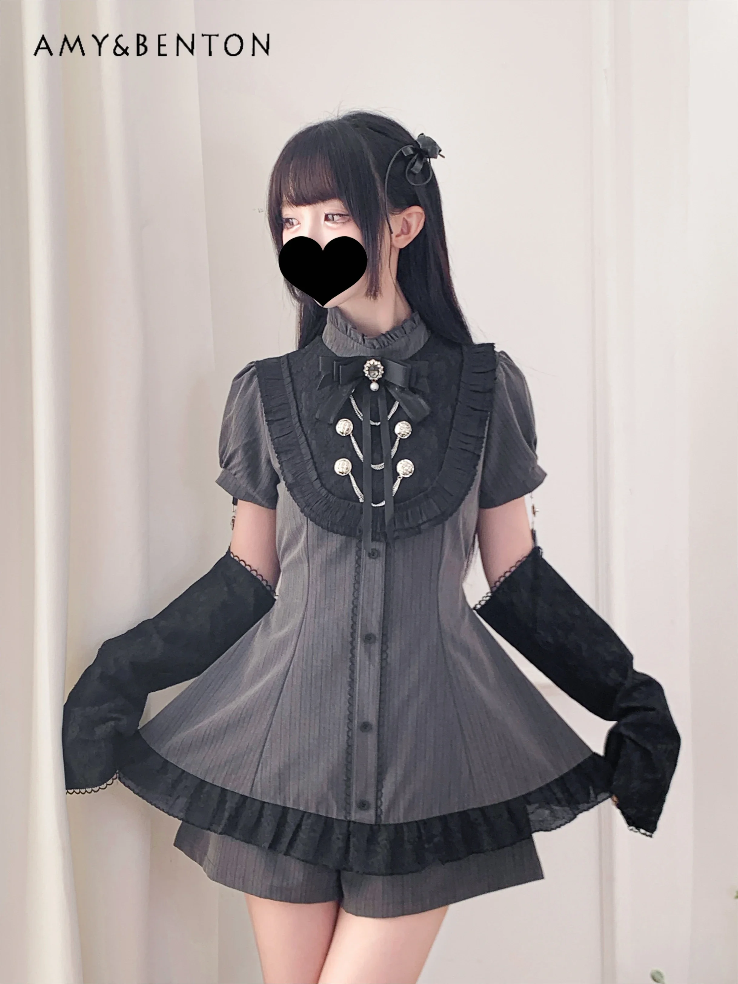 Japanese Mine Series Mass-produced Subculture Y2K Dress Sets Sweet Bow Short-sleeved Slim Dress Short Goth Two-piece Set Women