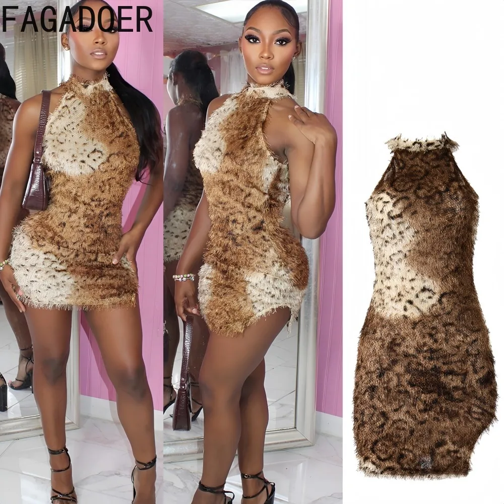 

FAGADOER Sexy Leopard Print Bodycon Dresses for Women Halter Sleeveless Backless Dress Female Streetwear Vestidos 2025 Winter