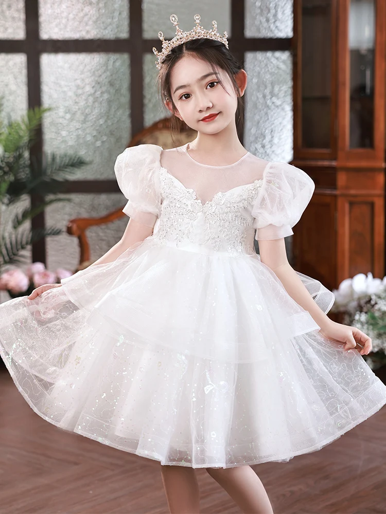 Flower Girls High-end Formal Dress Korean Luxury Belt Bowknot Puff Sleeves Tulle Princess Dresses Performance Wedding Ball Gowns