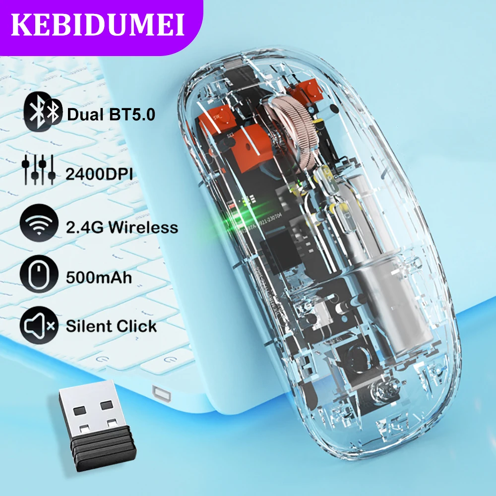 Tri-Mode Mouse Dual Bluetooth 5.0 Mouse 2.4G Wireless Mouse Transparent Mouse 2400DPI Silent Mouse 500mAh Rechargeable Mice