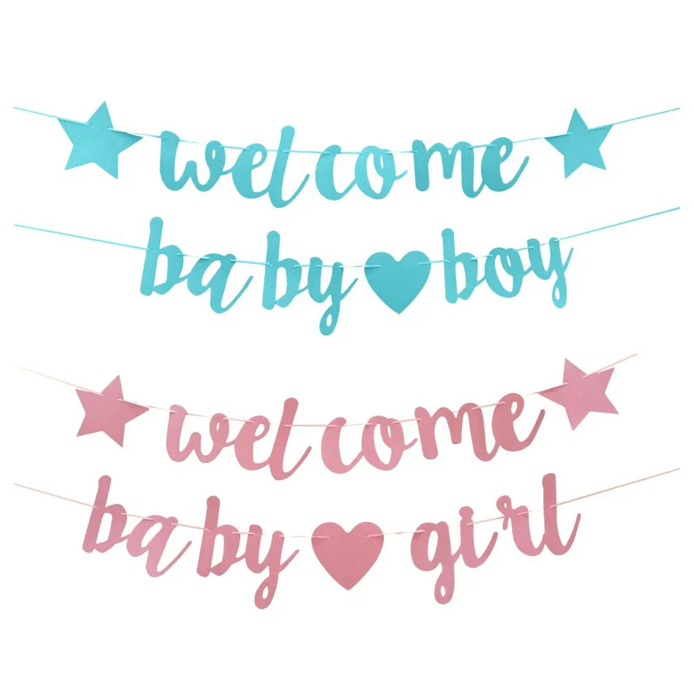 1 Set of Welcome Baby Boy One-year-old Glitter Letter Conjoined Flag Baby Gender Reveal Party Decoration Gift