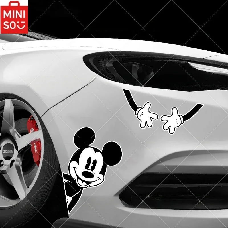 

MINISO Disney Mickey Car Personality Modified Sticker Cartoon Black and White Mickey Mouse Scratch Cover Car Decoration Sticker