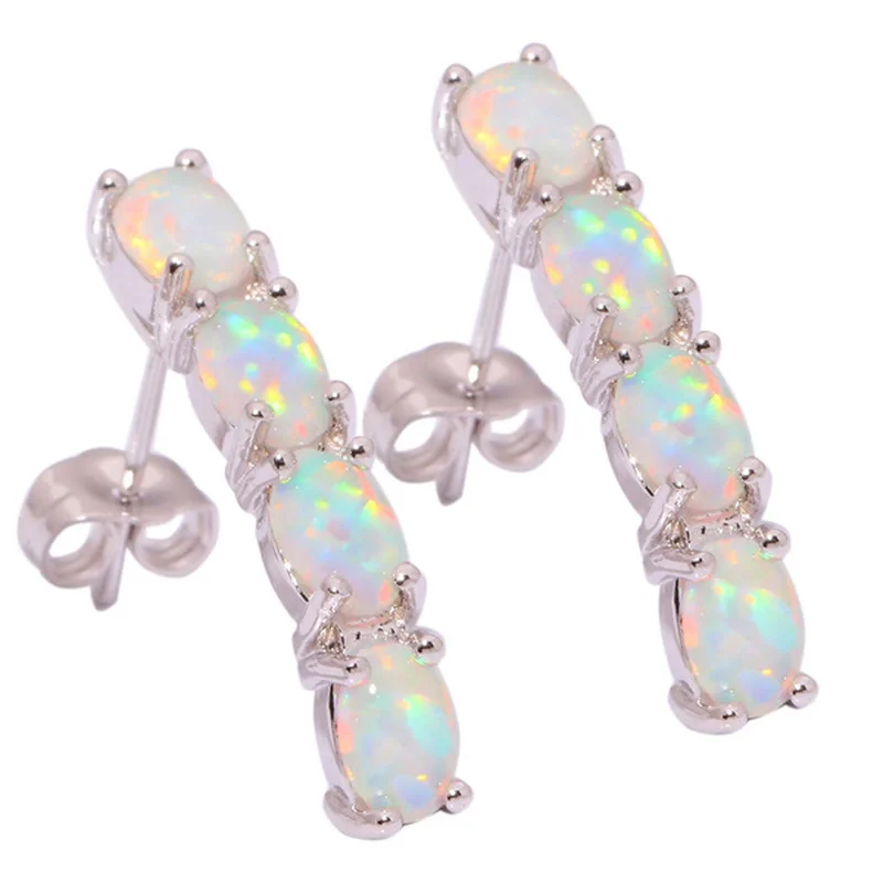 Fashion Extra Long Metal Inlaid Four Opal Earrings Ladies Personality Party Wedding Hook Drop Earrings