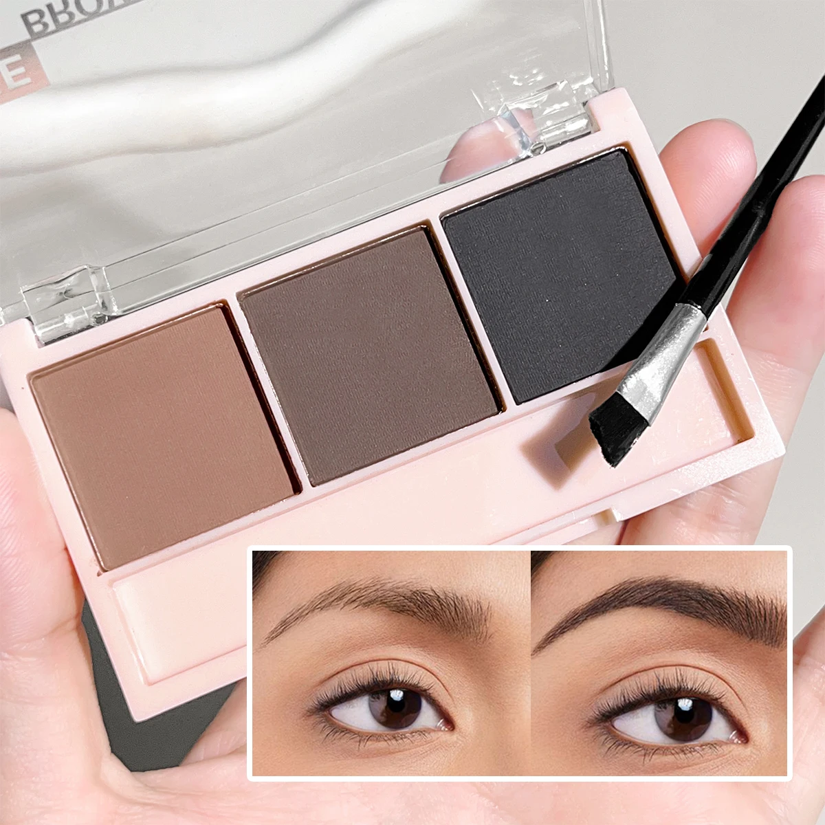 3-color brow powder palette, with brush, matte water and sweat resistant natural color brow powder long-lasting