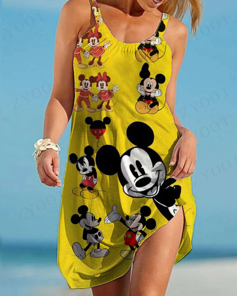 Disney Nữ Mùa Hè Camis Đảng Bãi Biển Đầm Plus Kích Thước Mới Gỗ Thông Vintage Dây Xù Lông Mickey Minnie Đầm Lớn 2022