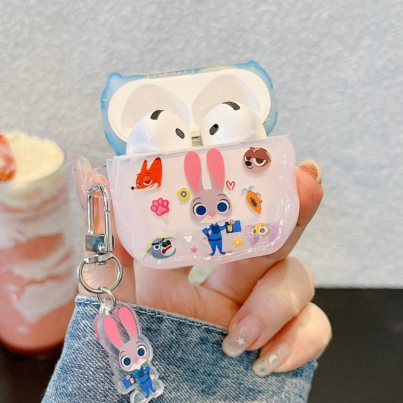 ديزني Zootopia حقيبة سماعة الاذن ل Airpods 1/2 3 4 برو الكرتون بولي TPU سماعة رأس مزودة بتقنية البلوتوث للصدمات الغطاء الواقي مع سلسلة المفاتيح