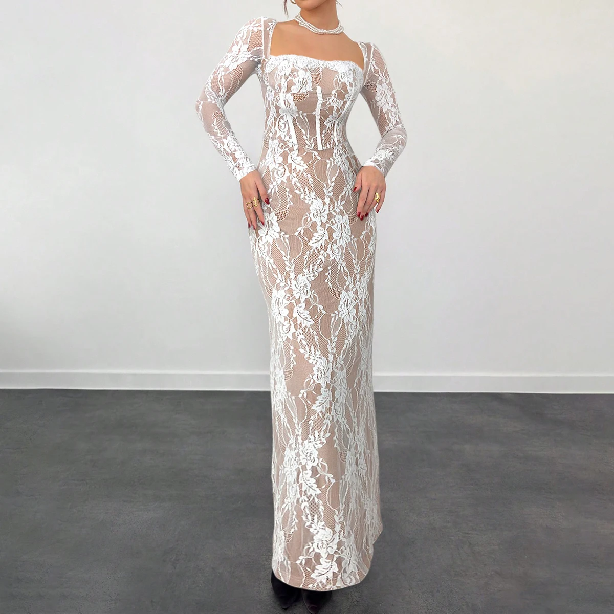 

Mia Muse Dresses Summer French Plain Lace Jacquard Long Sleeve Square Neck Sheath Maxi Party Dresses For Women