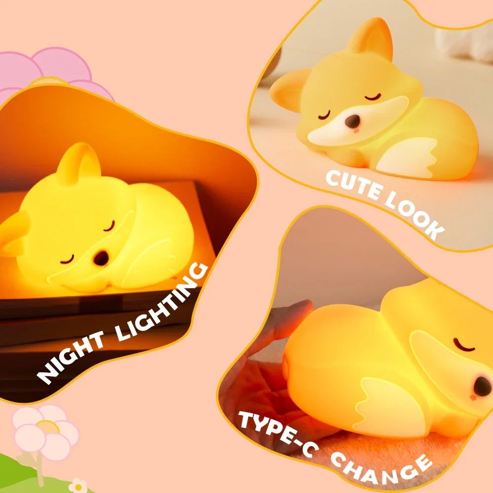 Silicone Fox Night Light Timing Squishy Nursery Sleeping Nightlight Rechargeable Touch Sensor Bedside Lamp for Gift Room Decor