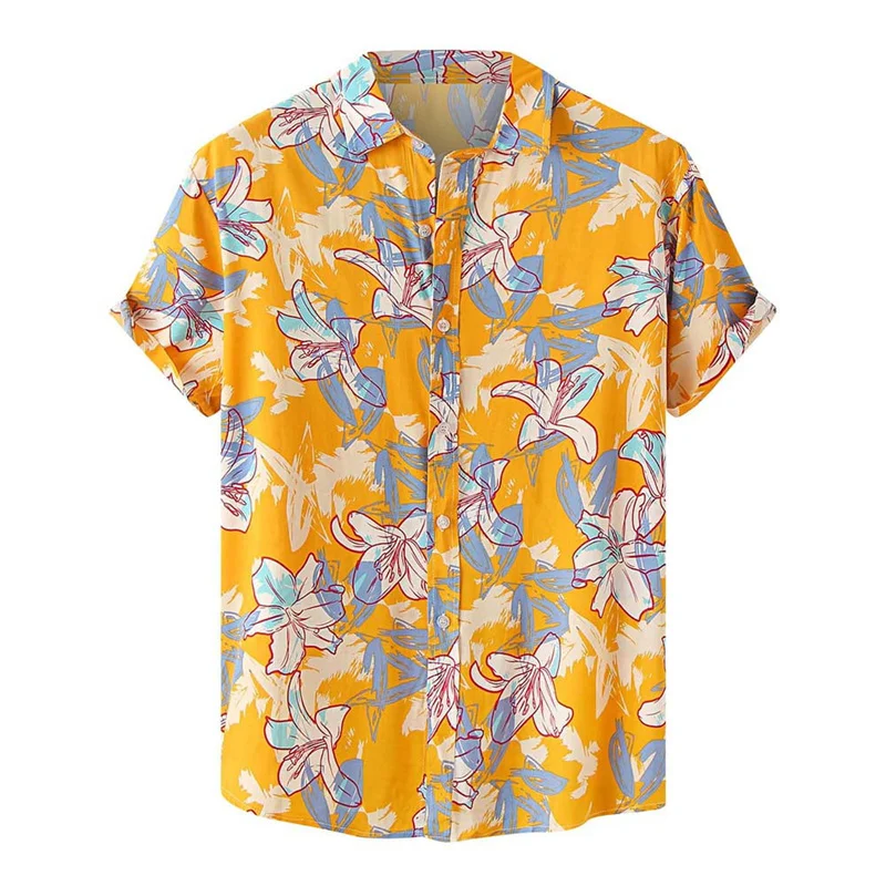 Camisa havaiana de botão floral masculina, roupa masculina, manga curta, estampada floral, moda de rua casual, na moda, verão