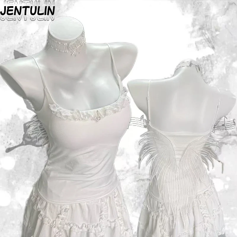 Subcultural Hot Girl White Feather Camisole Top Cool Gothic Wings Slimming Lace Pure Desire With Chest Cushion Vest Y2k Women
